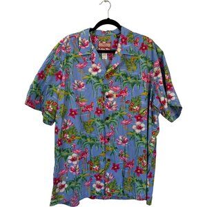 RJC Men’s Hawaiian Shirt 2XL Blue Flamingo Floral Print Made in Hawaii Cotton